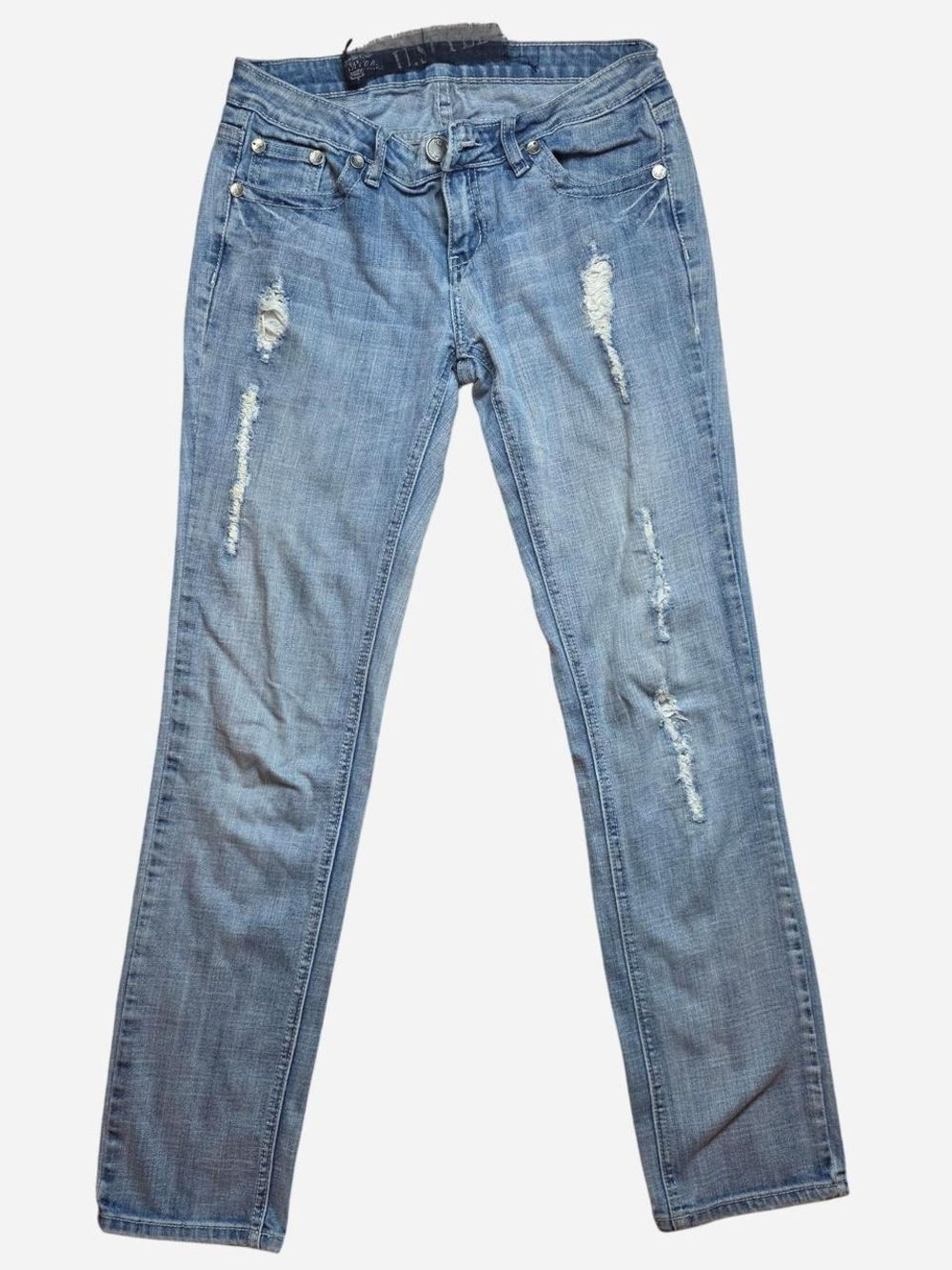 Straight Leg Distressed Jeans in Light Blue